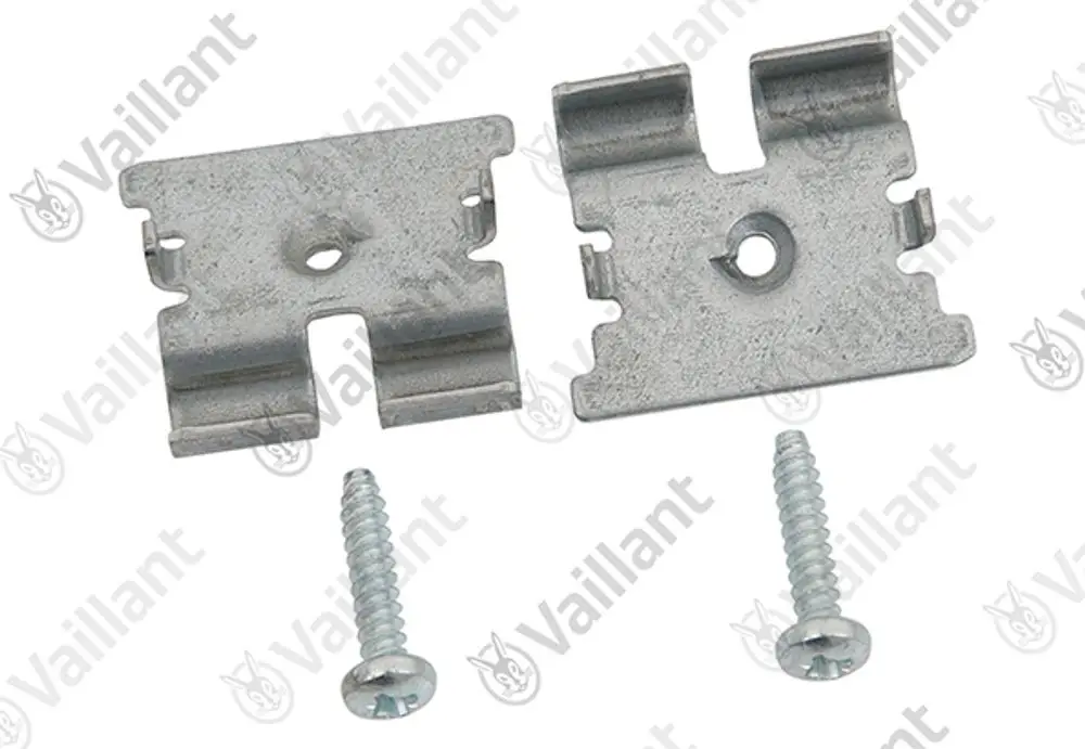 Metallhalterungen für Schaltkästen mit dazugehörigen Schrauben, Produkte von Vaillant, zur Befestigung oder Montage von Elektroinstallationsteilen.
